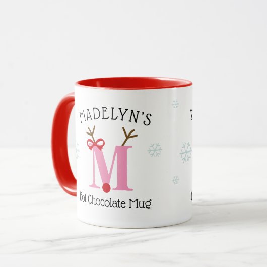 Girls Personalized Reindeer M Hot Chocolate Mug Tasse (Vorderseite Links)