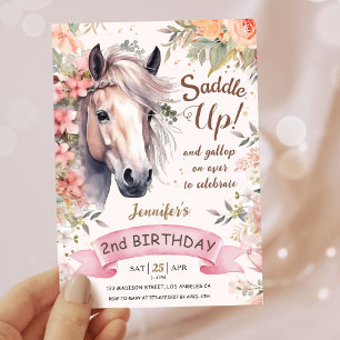 Girls Pferd 2. Geburtstag floraler Wildsattel Einladung