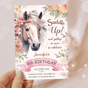 Girls Pferd 4. Geburtstag floraler Wildsattel Einladung