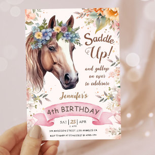 Girls Pferd 4. Geburtstag Rosa Blumensattel Einladung