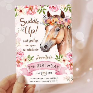 Girls Pferd 7. Geburtstag floraler Sattel Up! Einladung