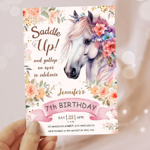 Girls Pferd 7. Geburtstag Pink Blume Satteln! Einladung