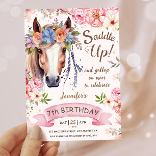 Girls Pferd 7. Geburtstag Pink Floral Cowgirl Einladung