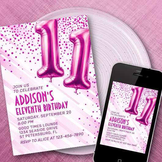 Girls Pink 11. Geburtstag Einladung