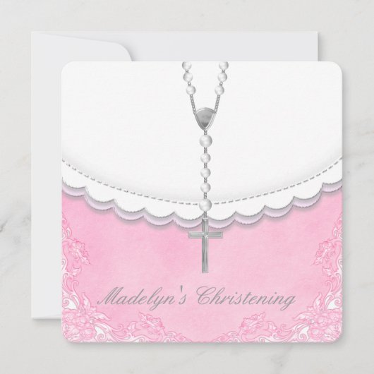 Girls Pink and Gray Christening Einladung (Vorderseite)