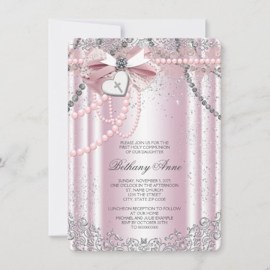 Girls Pink and Gray Pearl First Communation Einladung (Vorderseite)