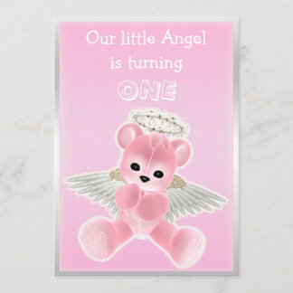Girl's Pink Angel Teddy Bear Erster Geburtstag Par Einladung