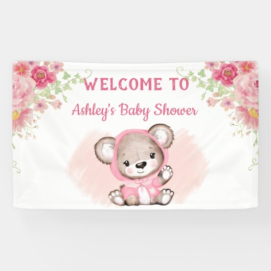 Girls Pink Bear Floral Custom Baby Duschbanner Banner (Horizontal)