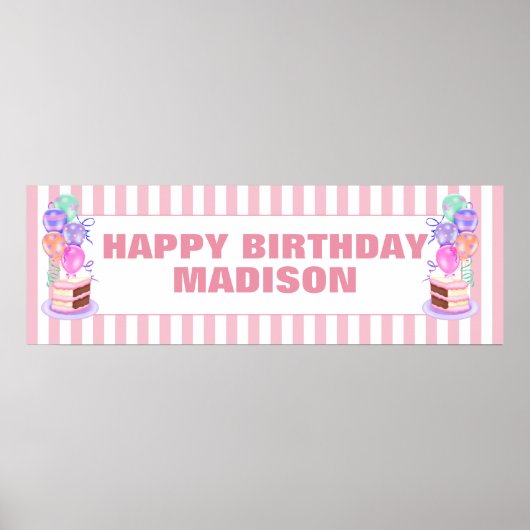Girls Pink Birthday Cake und Balloon Personalisier Poster (Vorne)