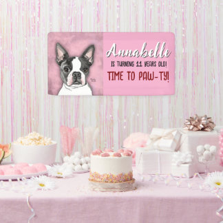 Girls Pink Birthday Party Banner Boston Terrier