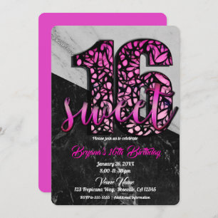 Girls Pink Black Marble Sweet 16 Geburtstagsparty Einladung