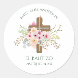 Girls Pink BlumenbAUTIZO Taufe Bautismo Name Runder Aufkleber
