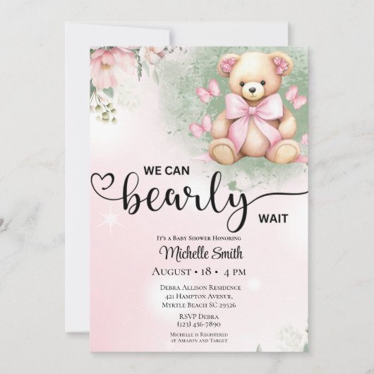 Girls Pink Blush Blumenstrauß Teddy Bear Baby Dusc Einladung (Vorderseite)