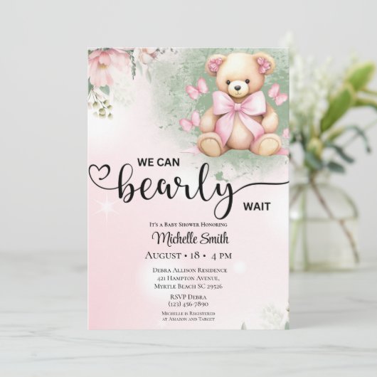 Girls Pink Blush Blumenstrauß Teddy Bear Baby Dusc Einladung (Stehend Vorderseite)