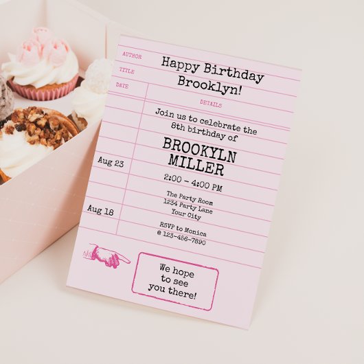 Girls Pink Bookbook Club Library Card Einladung