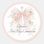 Girl's Pink Bow Floral First Communion Runder Aufkleber (Vorderseite)
