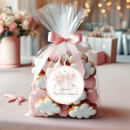 Girl's Pink Bow Floral First Communion Runder Aufkleber