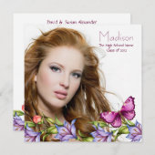 Girls Pink Butterfly Wildblumen Foto Abschluss Einladung (Vorne/Hinten)