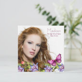 Girls Pink Butterfly Wildblumen Foto Abschluss Einladung (Stehend Vorderseite)