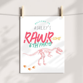 Girls Pink Dinosaur Kindergeburtstag Begrüßungszei Poster