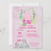 Girls Pink Elephant Baby Dusche Einladung (Vorderseite)