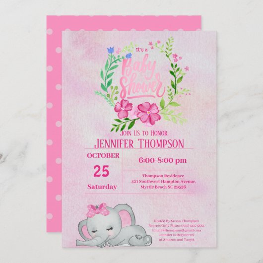 Girls Pink Elephant Baby Dusche Einladung (Vorne/Hinten)