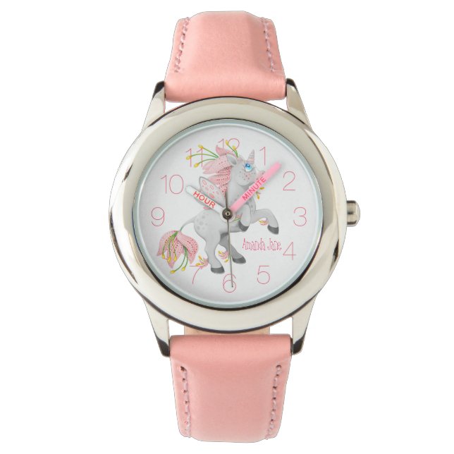 Girls Pink Fairy Blume Einhorn Armbanduhr (Vorderseite)