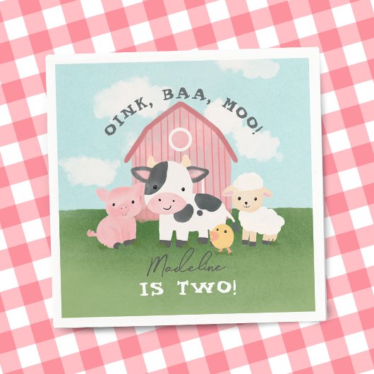 Girls Pink Farm Animal Barnyard 2nd Birthday Serviette