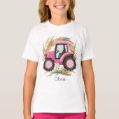 Girls Pink Farm Tractor Personalisiert Girls T-Shirt (Vorderseite)