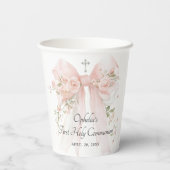 Girl's Pink First Communion Floral Bow Pappbecher (Rückseite)