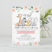 Girls Pink Floral Banner Safari Babies Baby Dusche Einladung (Stehend Vorderseite)
