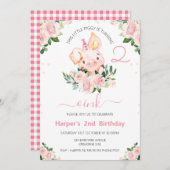 Girls Pink Floral Dieses kleine Schweine Geburtsta Einladung (Vorne/Hinten)