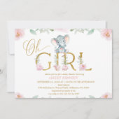 Girls Pink Floral Elephant Baby Dusche Einladung (Vorderseite)