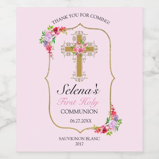 Girls Pink Floral First Heilige Kommune Weinetikett (Einzelnes Label)