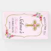Girls Pink Floral First Heilige Kommune Willkommen Banner (Horizontal)