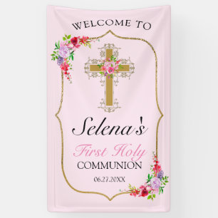 Girls Pink Floral First Heilige Kommune Willkommen Banner