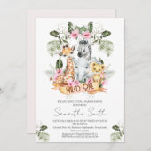 Girls Pink Floral Safari Wild One Baby Dusche Einladung (Vorne/Hinten)