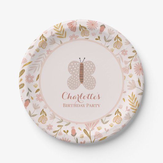 Girls Pink Gingham Wildblume Butterfly Pappteller (Vorderseite)