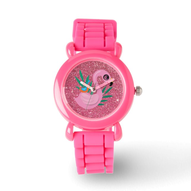 Girls Pink Glitzer Flamingo Watch Armbanduhr (Vorderseite)
