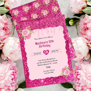 Girls Pink Glitzer Floral 10. Geburtstagsparty Einladung