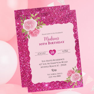 Girls Pink Glitzer Floral 10. Geburtstagsparty Einladung