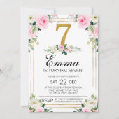 Girls Pink & Gold 7. Geburtstag Einladung (Vorderseite)