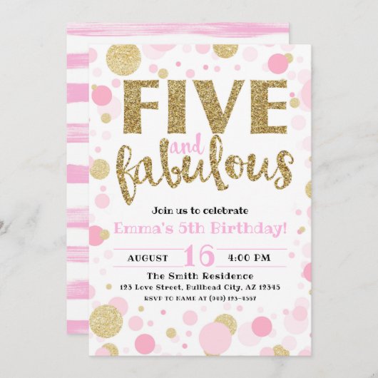 Girl's Pink & Gold Five & Fabulous 5. Geburtstag Einladung (Vorne/Hinten)