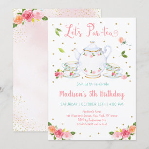 Girls Pink Gold Floral Tee Party Geburtstag Einladung