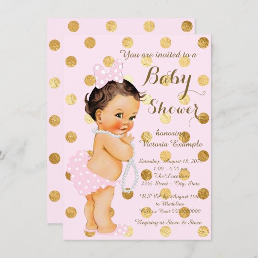 Girls Pink Gold Pearl Baby Dusche Einladung (Vorne/Hinten)