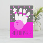 Girls Pink & Grau Bowling Party Einladung (Stehend Vorderseite)