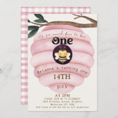 Girls Pink Hive Bee 1. Geburtstag Einladung (Vorne/Hinten)