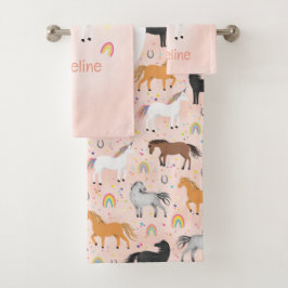 Girls Pink Horse Unicorn Rainbow Kids Monogram Badhandtuch Set