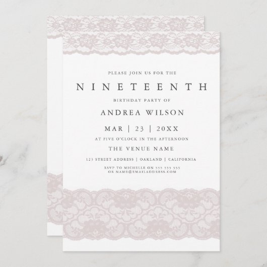 Girls Pink Lace 19. Geburtstagsparty Einladung (Vorne/Hinten)