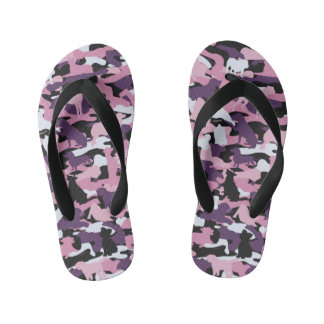 Girls Pink Lila Hund & Knochen Camouflage Flip Flo Kinderbadesandalen